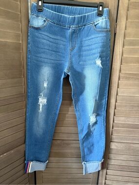 Jvini pull on distressed Jeggins blue jeans retro rib, striped cuff size medium